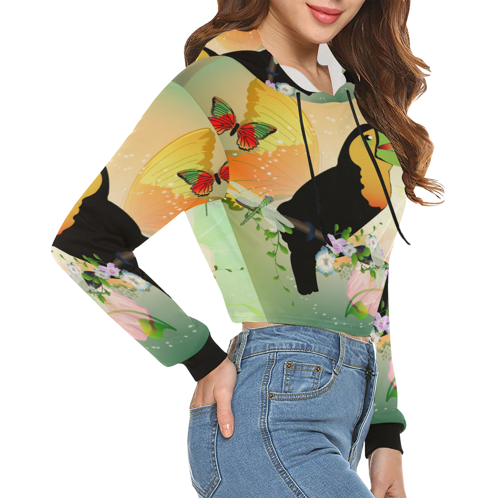 Funny toucan with flowers All Over Print Crop Hoodie for Women (Model H22)