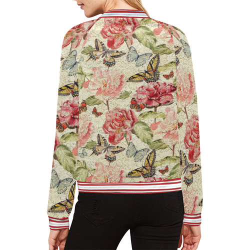 Watercolor Vintage Flowers Butterflies Lace 1 All Over Print Bomber Jacket for Women (Model H21)