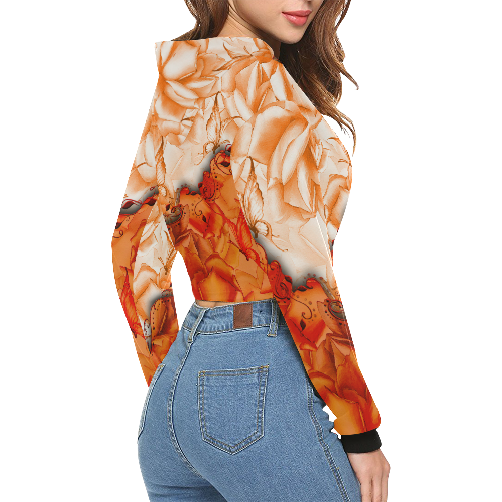 Sorf red flowers with butterflies All Over Print Crop Hoodie for Women (Model H22)