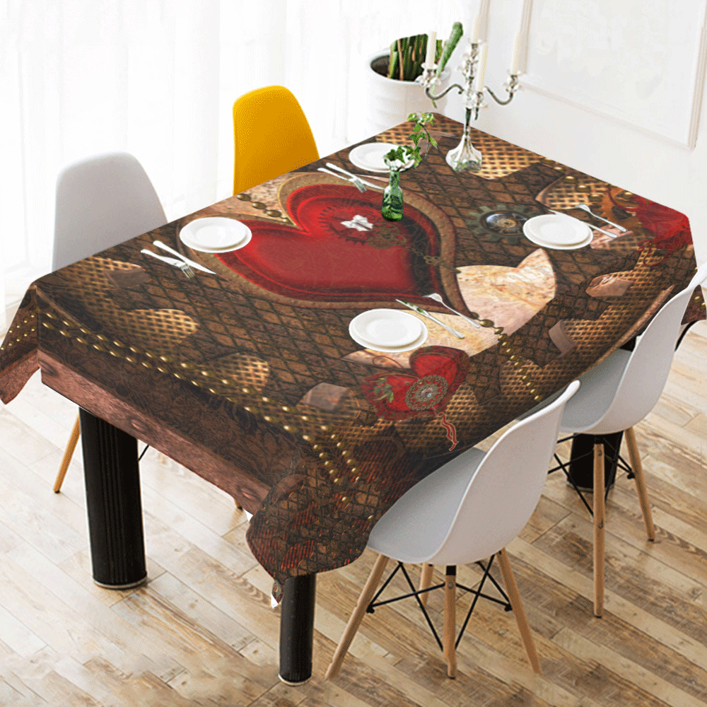 Steampunk, awesome herats with clocks and gears Cotton Linen Tablecloth 52"x 70"