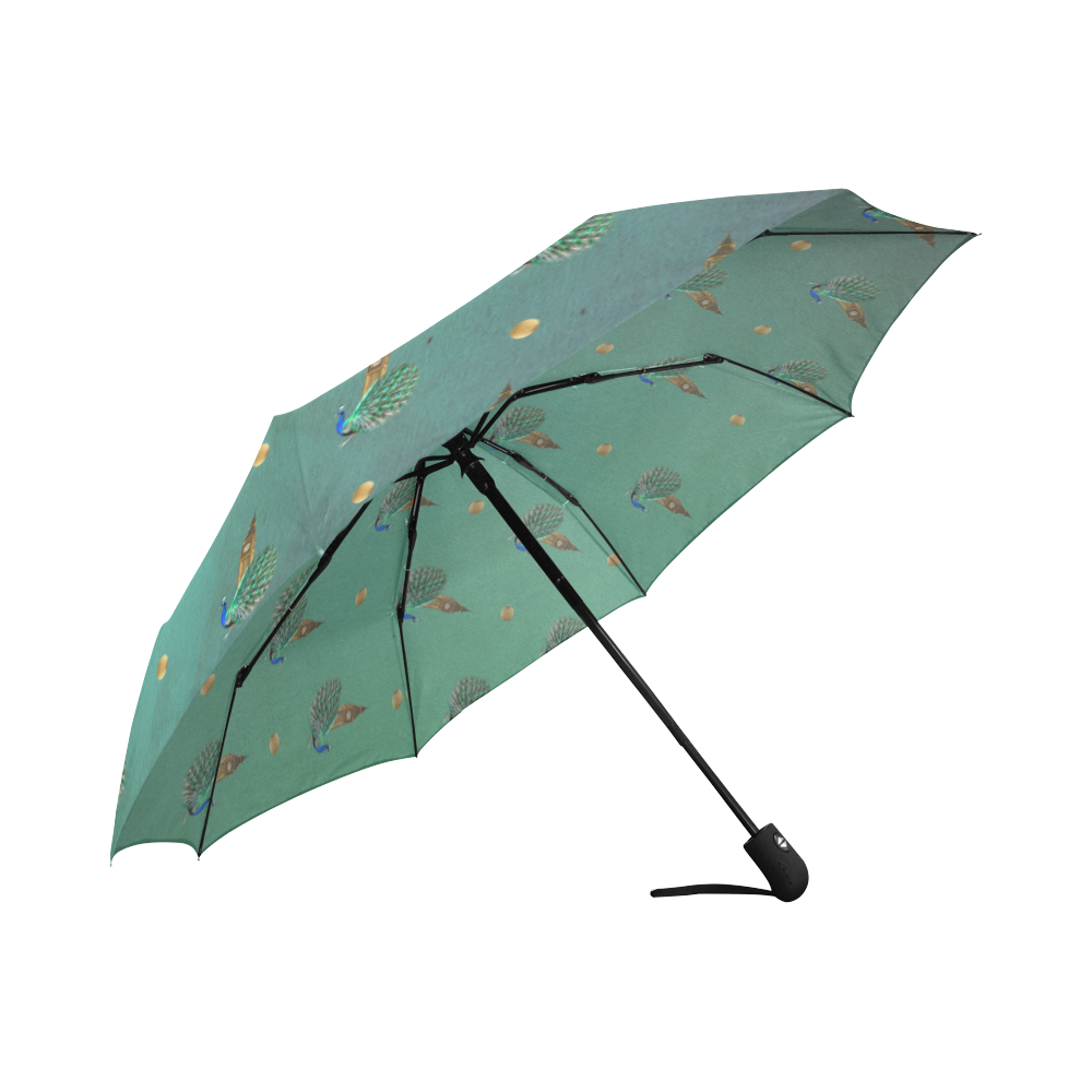 Turquoise London Peacocks Auto-Foldable Umbrella (Model U04)