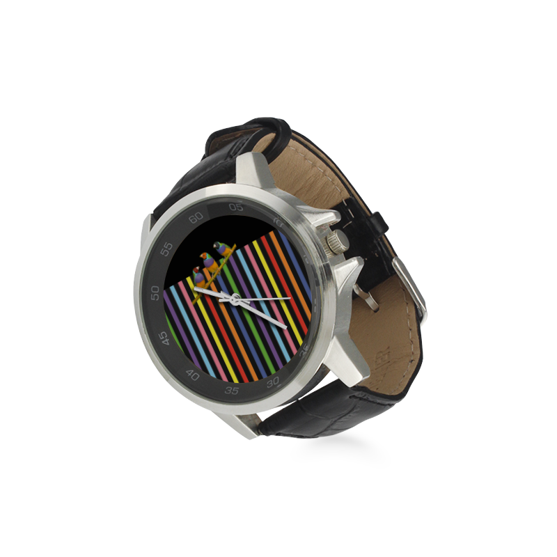 Lovebirds and Rainbow Stripes Unisex Stainless Steel Leather Strap Watch(Model 202)