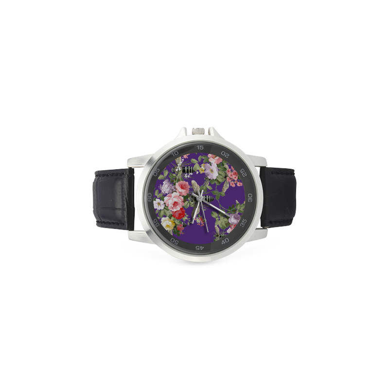 Purple Flora and Bees Unisex Stainless Steel Leather Strap Watch(Model 202)