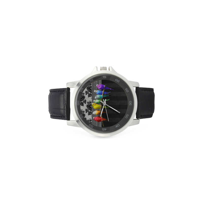 Rainbow Budgies and Black Lace Unisex Stainless Steel Leather Strap Watch(Model 202)