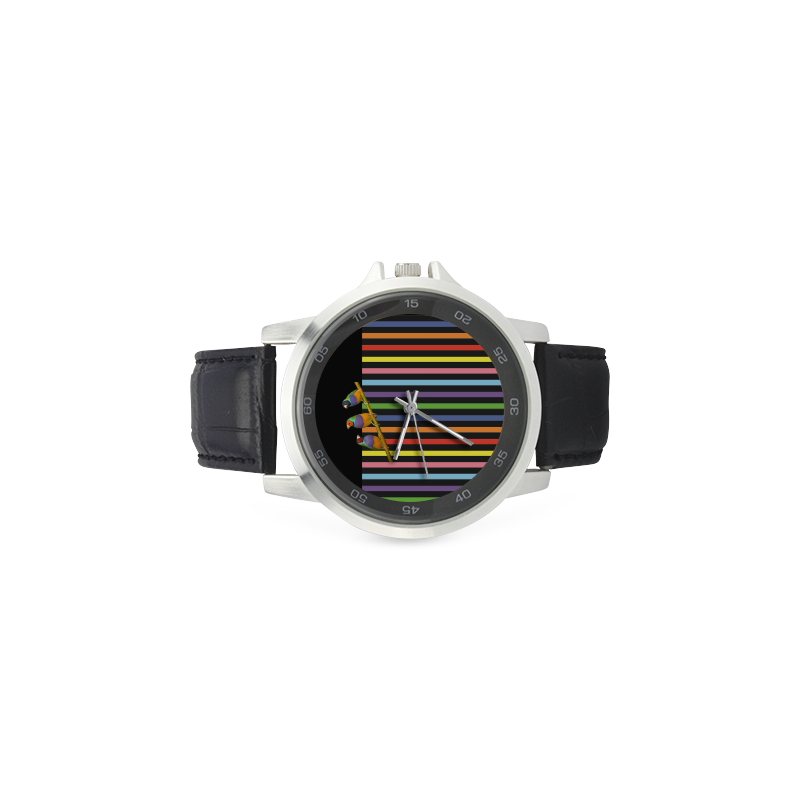 Lovebirds and Rainbow Stripes Unisex Stainless Steel Leather Strap Watch(Model 202)