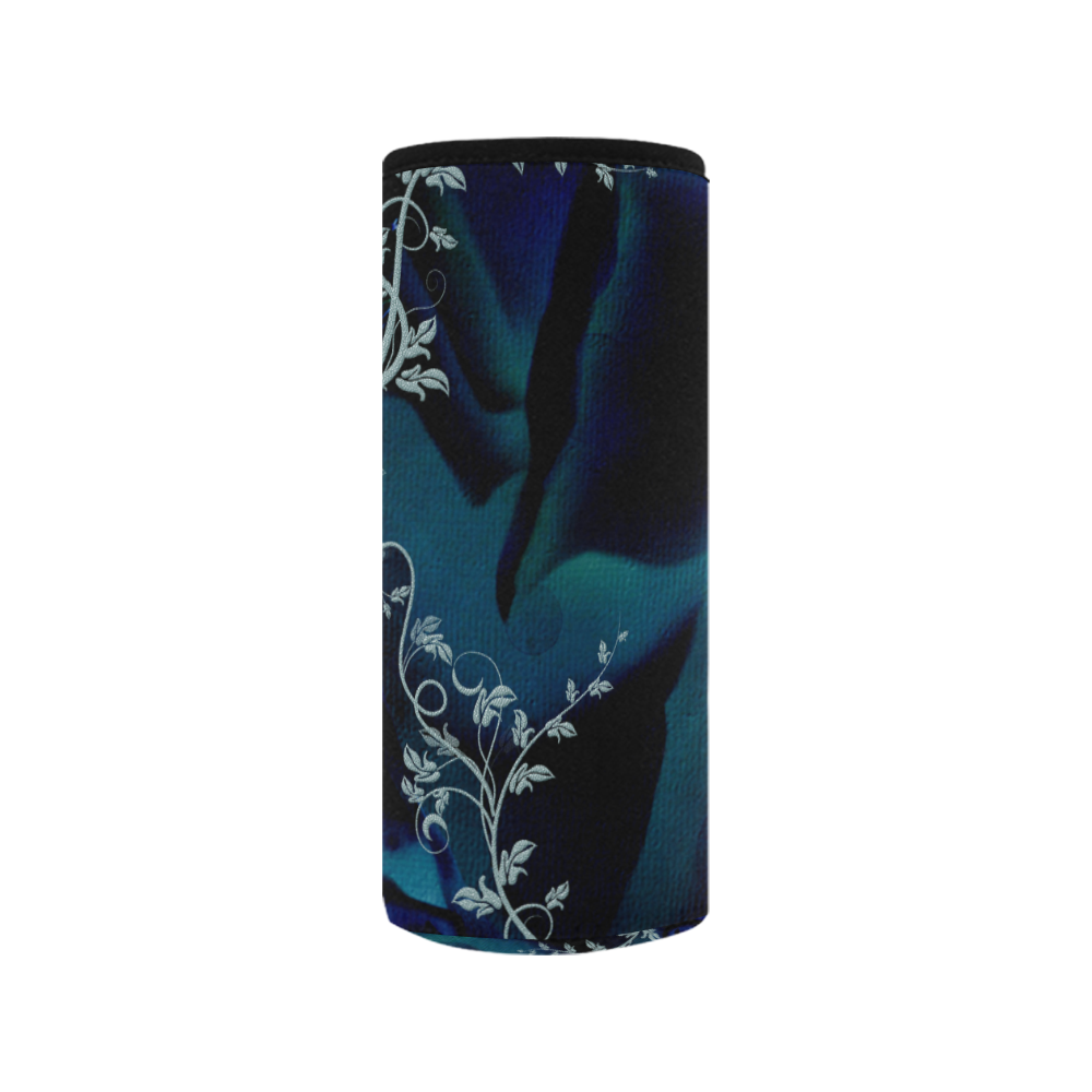 Floral design, blue colors Neoprene Water Bottle Pouch/Medium
