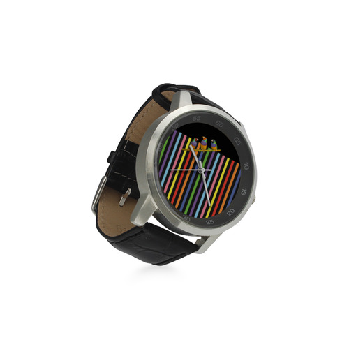 Lovebirds and Rainbow Stripes Unisex Stainless Steel Leather Strap Watch(Model 202)