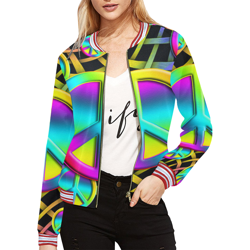 Neon Colorful PEACE pattern All Over Print Bomber Jacket for Women (Model H21)