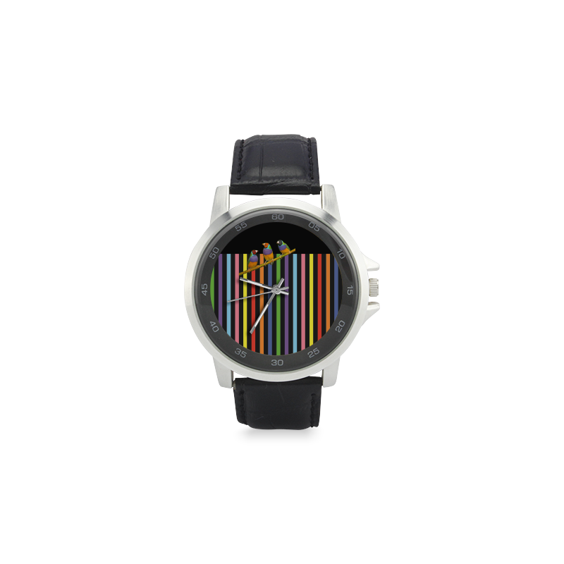 Lovebirds and Rainbow Stripes Unisex Stainless Steel Leather Strap Watch(Model 202)