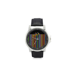 Lovebirds and Rainbow Stripes Unisex Stainless Steel Leather Strap Watch(Model 202)