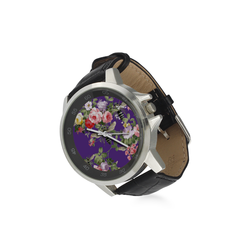 Purple Flora and Bees Unisex Stainless Steel Leather Strap Watch(Model 202)