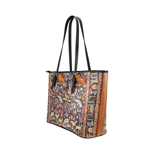 Antique Floral Animal Vintage Persian Rug Leather Tote Bag/Small (Model 1651)