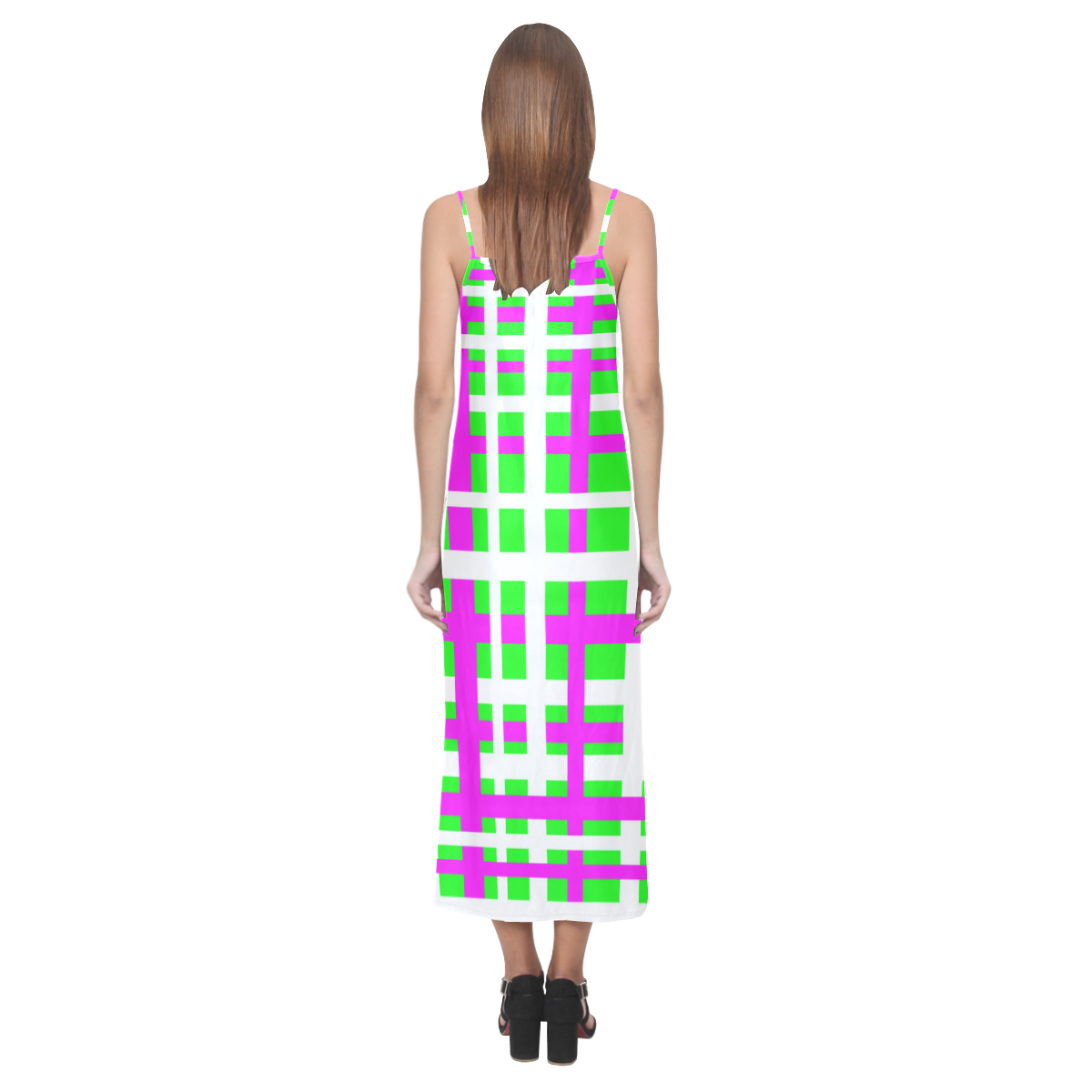 Fuchsia & Green Interlocking Stripes V-Neck Open Fork Long Dress(Model D18)