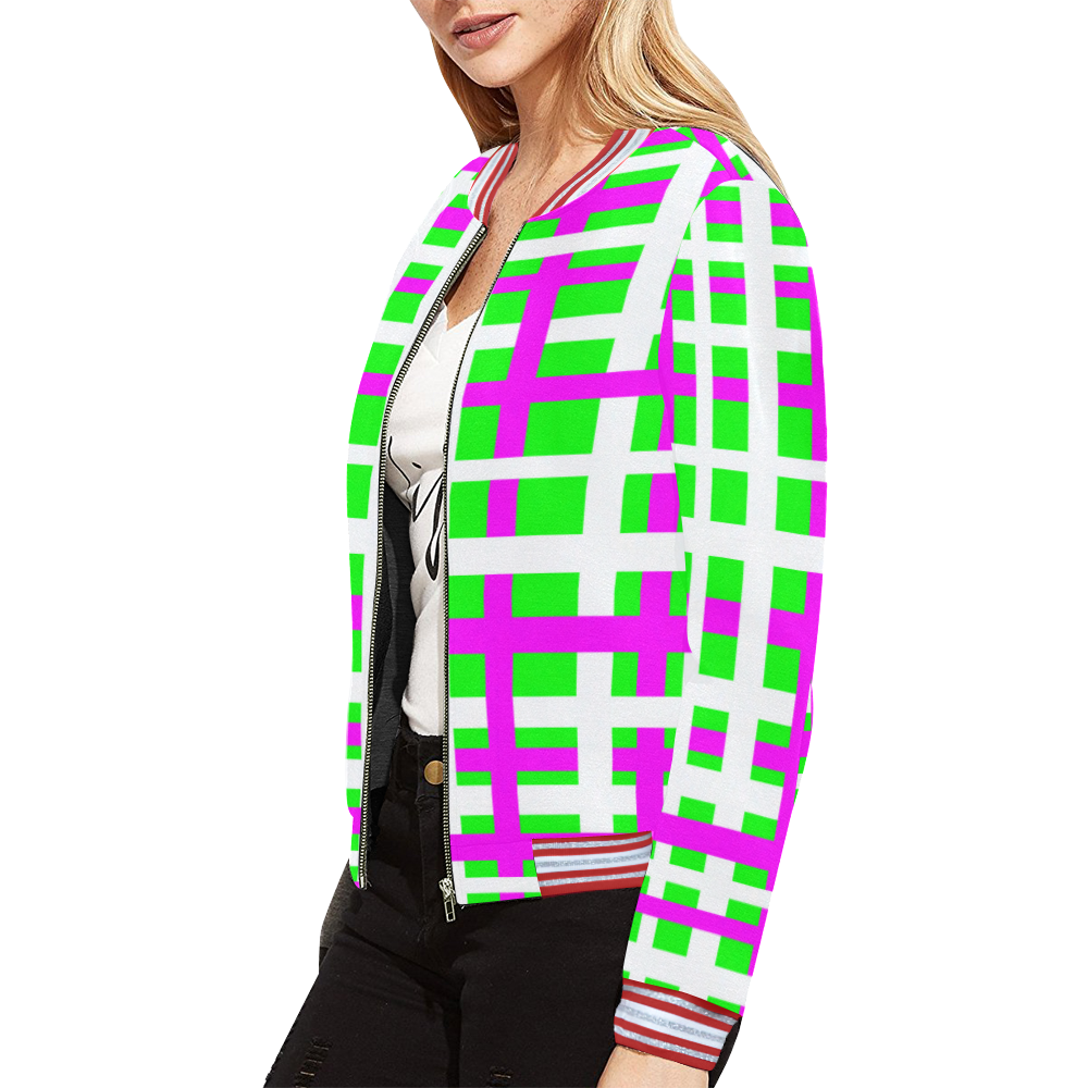 Fuchsia & Green Interlocking Stripes All Over Print Bomber Jacket for Women (Model H21)