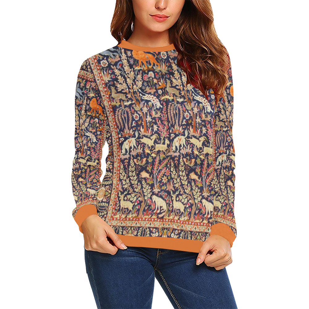 Antique Floral Animal Vintage Persian Rug All Over Print Crewneck Sweatshirt for Women (Model H18)