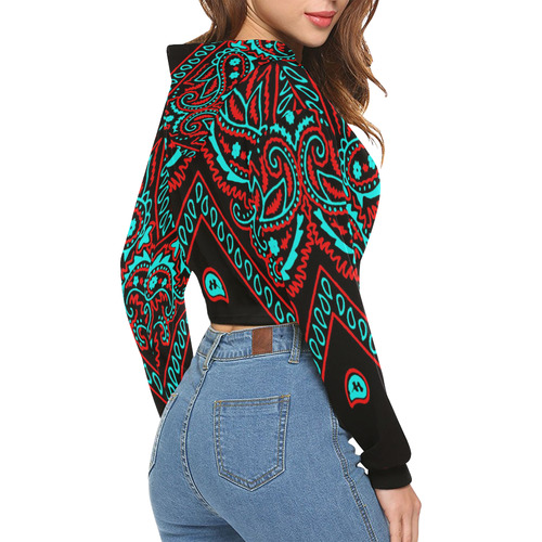 blue and red paisley bandana print 2 All Over Print Crop Hoodie for Women (Model H22)