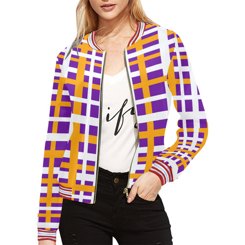 Purple & Orange Interlocking Stripes All Over Print Bomber Jacket for Women (Model H21)