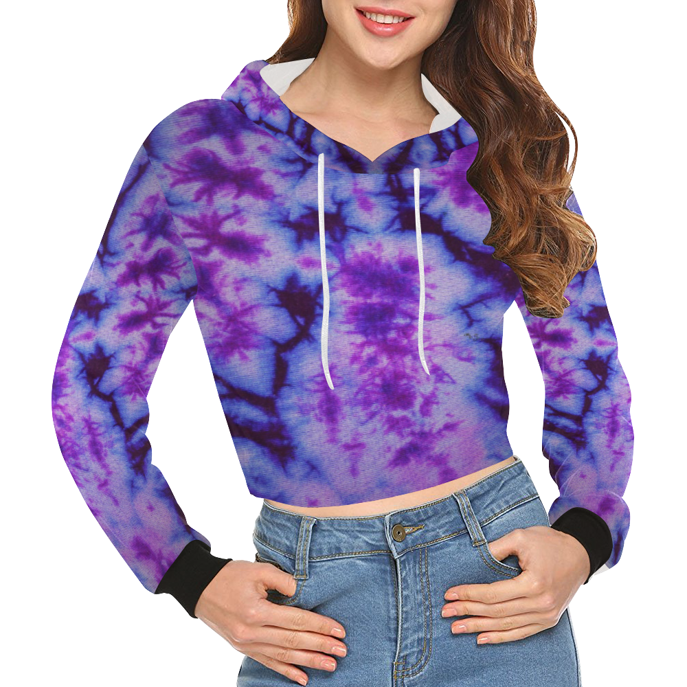 tie dye in purple and blue All Over Print Crop Hoodie for Women (Model H22)