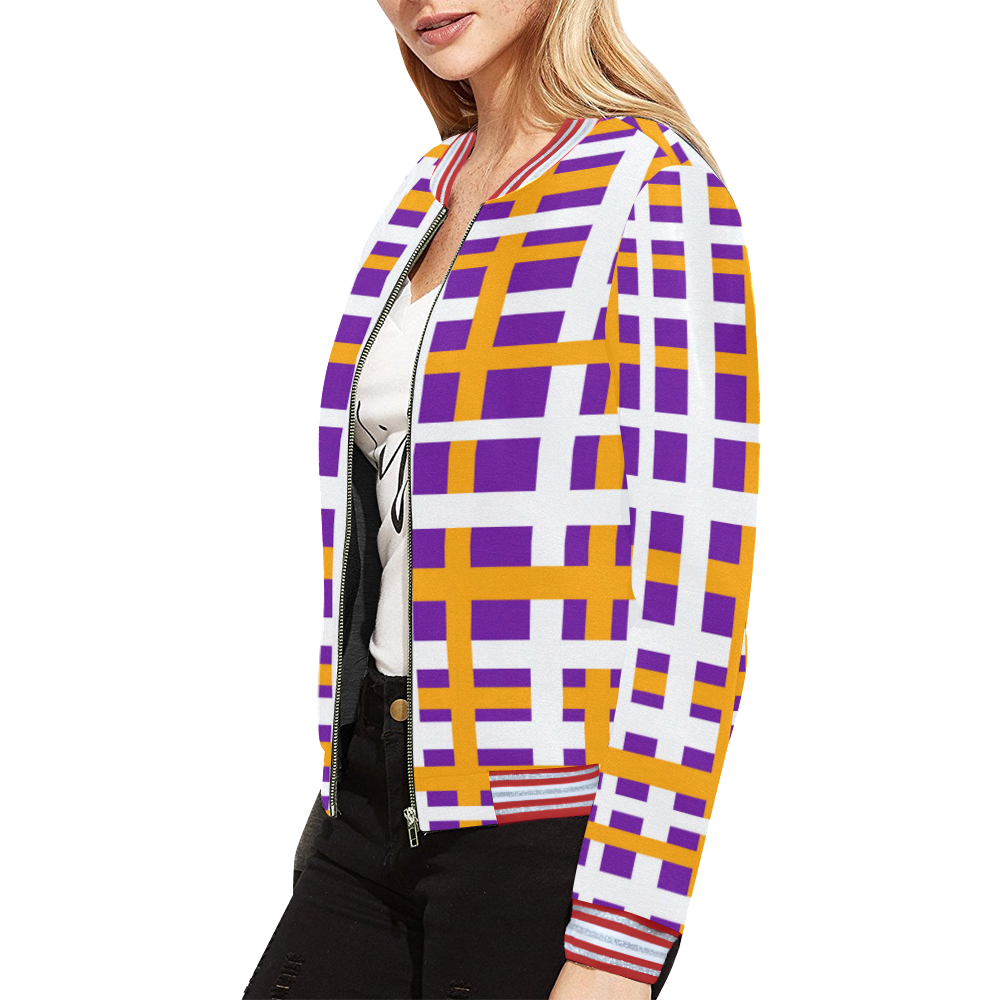 Purple & Orange Interlocking Stripes All Over Print Bomber Jacket for Women (Model H21)