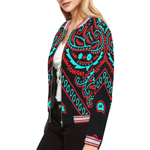 blue and red paisley bandana 2 All Over Print Bomber Jacket for Women (Model H21)
