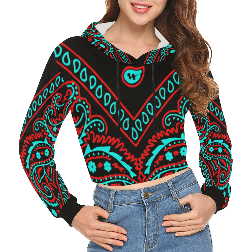 blue and red paisley bandana print 1 All Over Print Crop Hoodie for Women (Model H22)