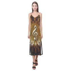 Music, decorative clef with floral elements V-Neck Open Fork Long Dress(Model D18)