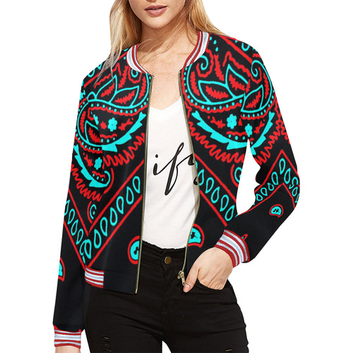 blue and red paisley bandana 2 All Over Print Bomber Jacket for Women (Model H21)