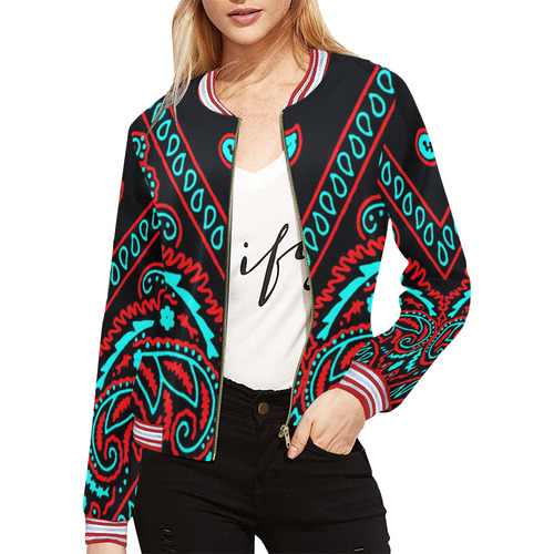 blue and red paisley bandana All Over Print Bomber Jacket for Women (Model H21)
