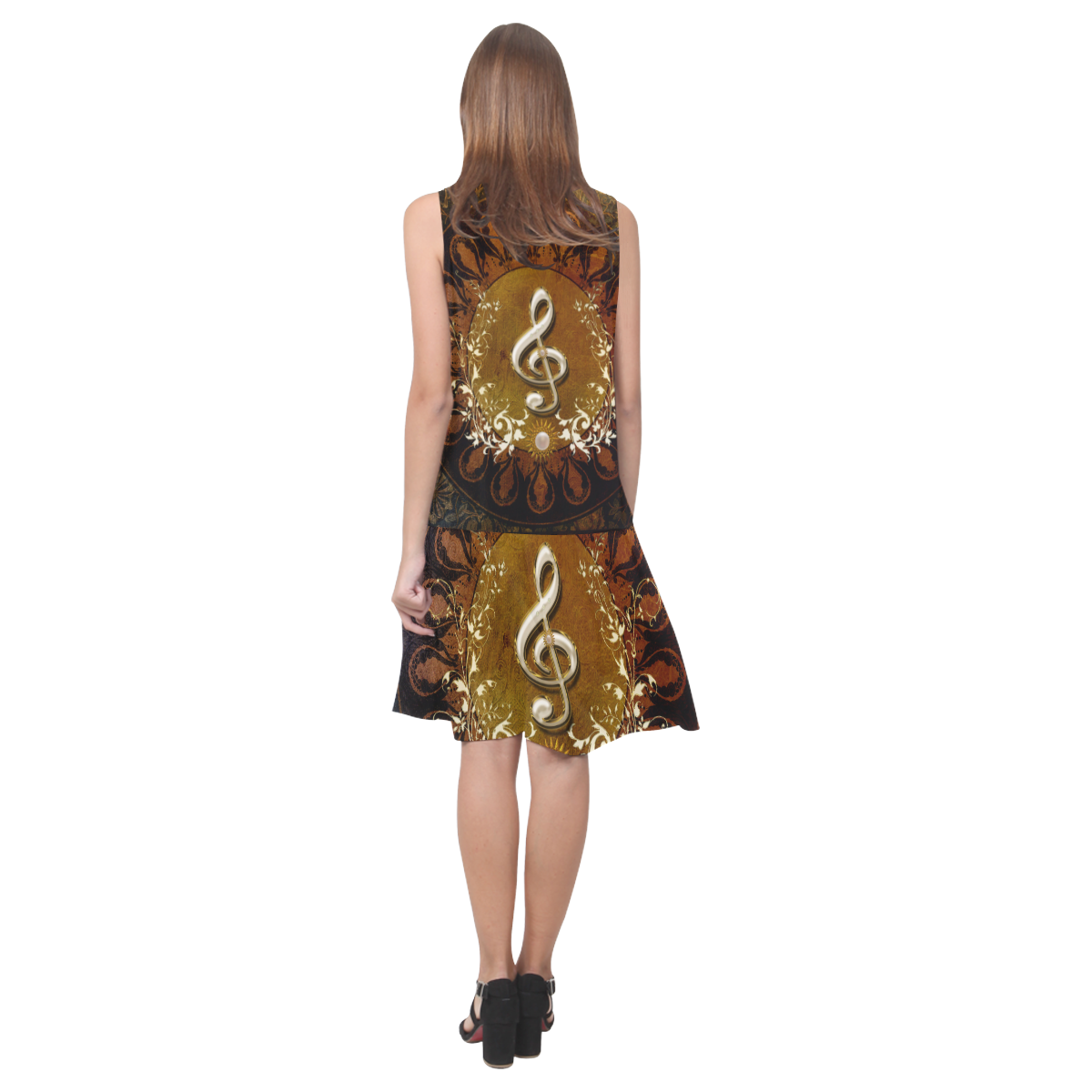 Music, decorative clef with floral elements Sleeveless Splicing Shift Dress(Model D17)