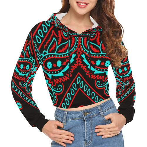 blue and red paisley bandana print 2 All Over Print Crop Hoodie for Women (Model H22)