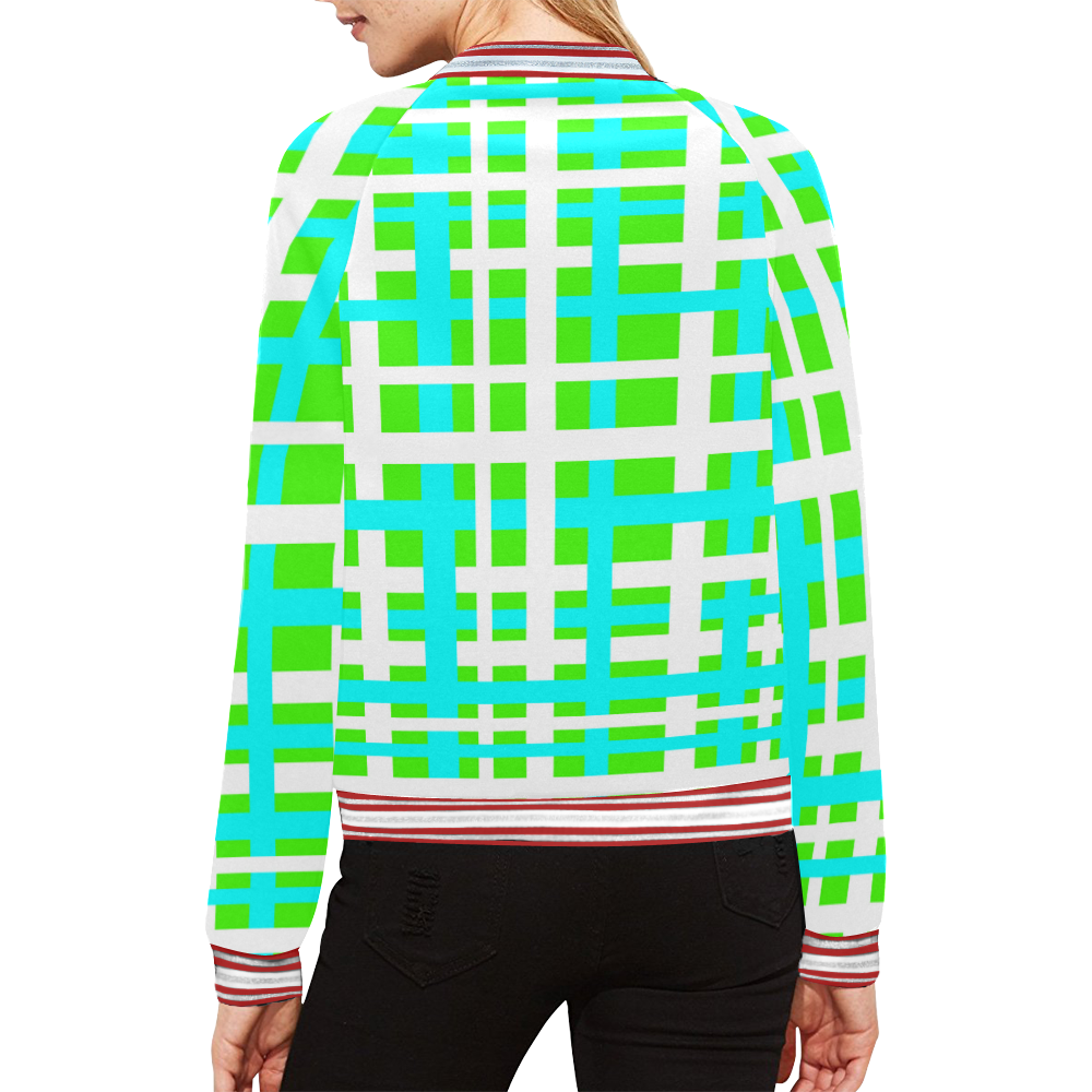 Green & Aqua Interlocking Stripes All Over Print Bomber Jacket for Women (Model H21)