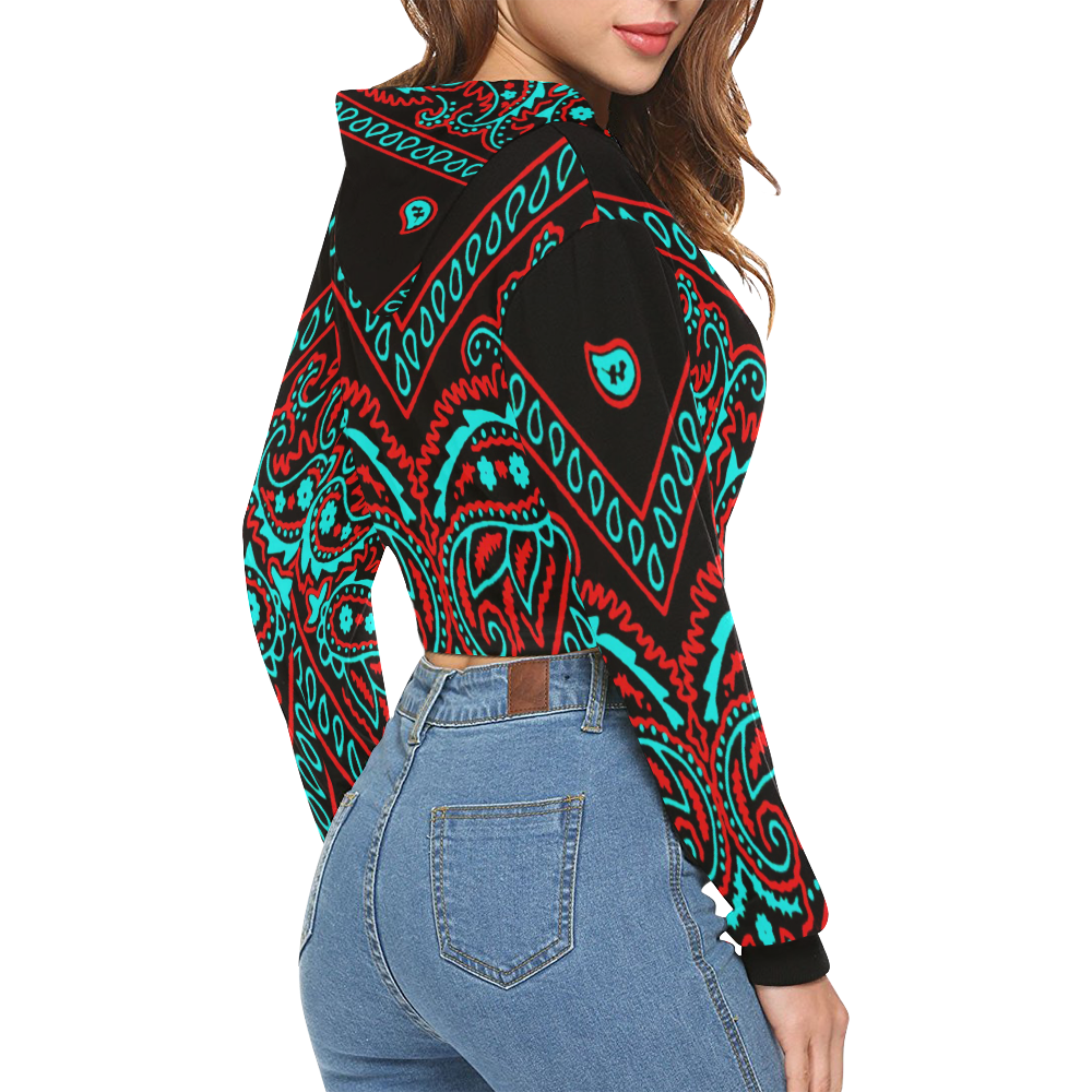 blue and red paisley bandana print 1 All Over Print Crop Hoodie for Women (Model H22)