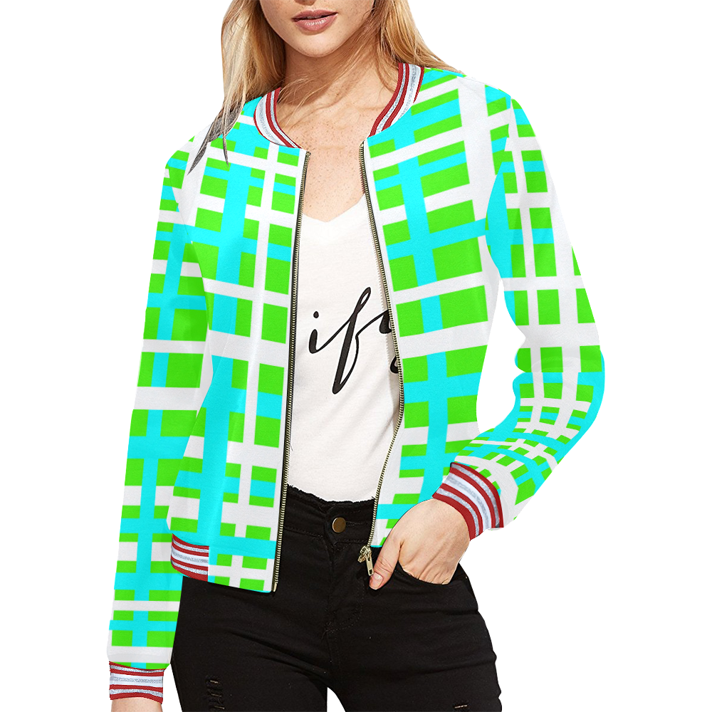 Green & Aqua Interlocking Stripes All Over Print Bomber Jacket for Women (Model H21)