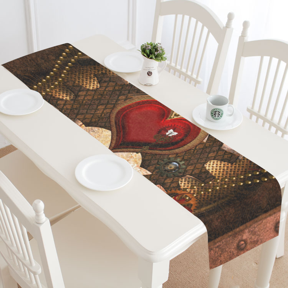 Steampunk, awesome herats with clocks and gears Table Runner 16x72 inch