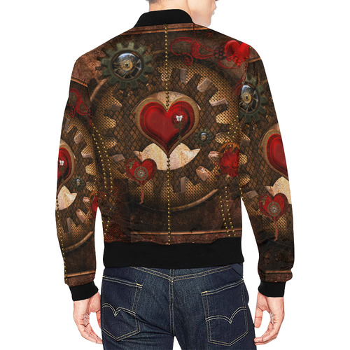 Steampunk, awesome herats with clocks and gears All Over Print Bomber Jacket for Men (Model H19)