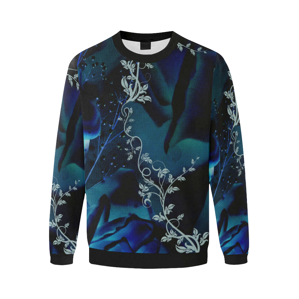 Floral design, blue colors Men's Oversized Fleece Crew Sweatshirt/Large Size(Model H18)