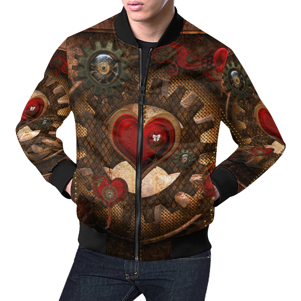 Steampunk, awesome herats with clocks and gears All Over Print Bomber Jacket for Men (Model H19)