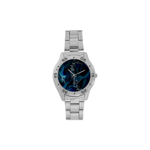 Floral design, blue colors Men's Stainless Steel Analog Watch(Model 108)