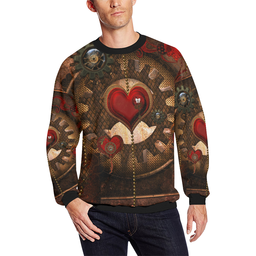 Steampunk, awesome herats with clocks and gears Men's Oversized Fleece Crew Sweatshirt/Large Size(Model H18)