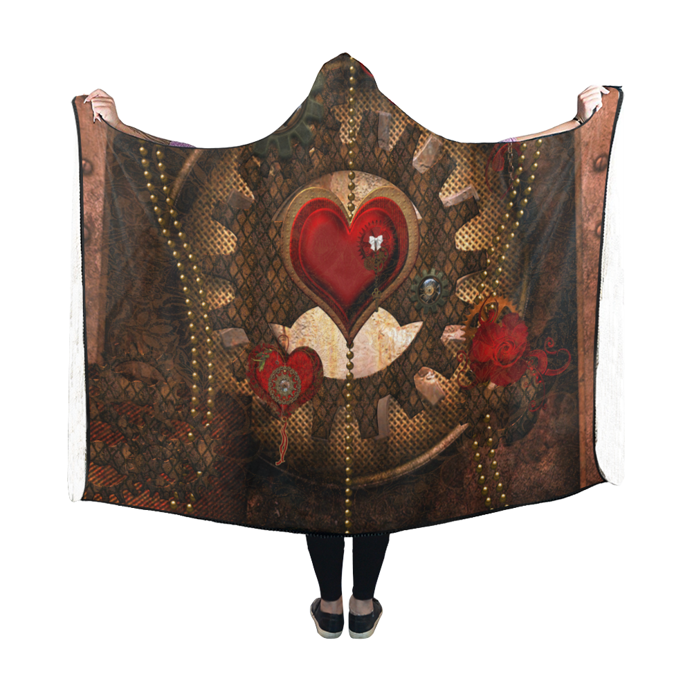 Steampunk, awesome herats with clocks and gears Hooded Blanket 60''x50''
