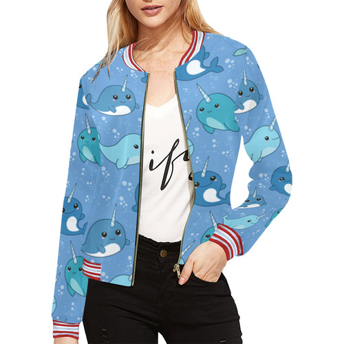 Cute Narwhal Pattern All Over Print Bomber Jacket for Women (Model H21)