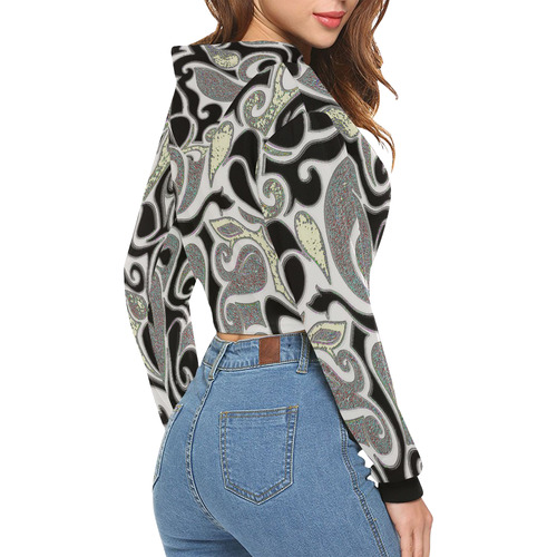wacky retro swirl in black and white All Over Print Crop Hoodie for Women (Model H22)
