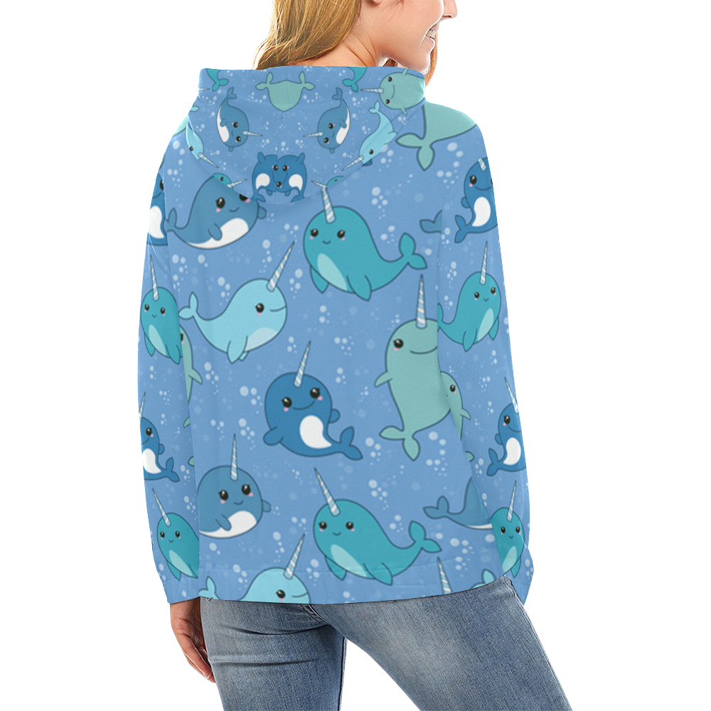 Cute Narwhal Pattern All Over Print Hoodie for Women (USA Size) (Model H13)