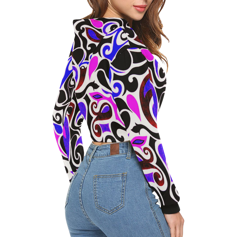 retro swirl abstract in bright colors All Over Print Crop Hoodie for Women (Model H22)