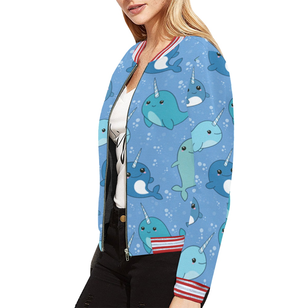 Cute Narwhal Pattern All Over Print Bomber Jacket for Women (Model H21)