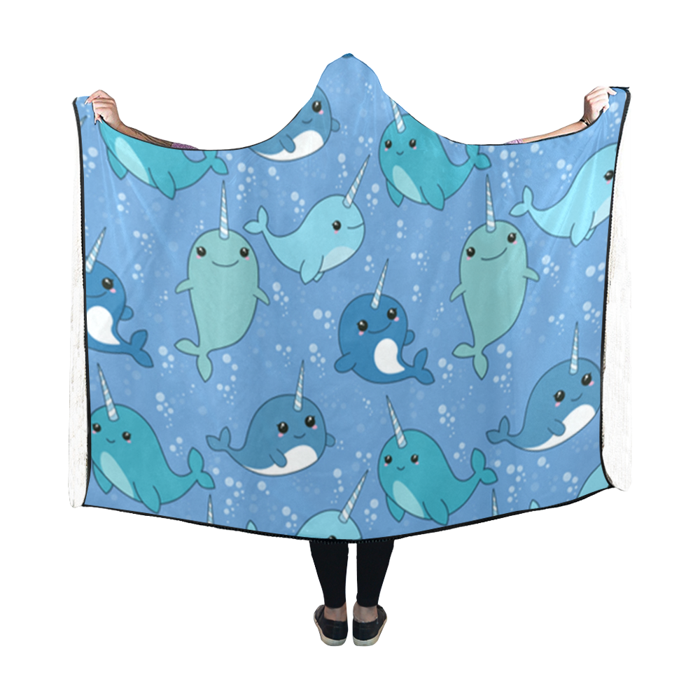 Cute Narwhal Pattern Hooded Blanket 60''x50''