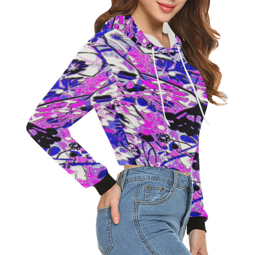 wacky retro floral abstract purple and blue All Over Print Crop Hoodie for Women (Model H22)