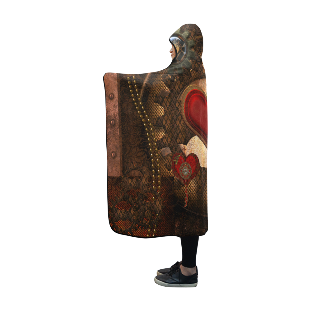 Steampunk, awesome herats with clocks and gears Hooded Blanket 60''x50''