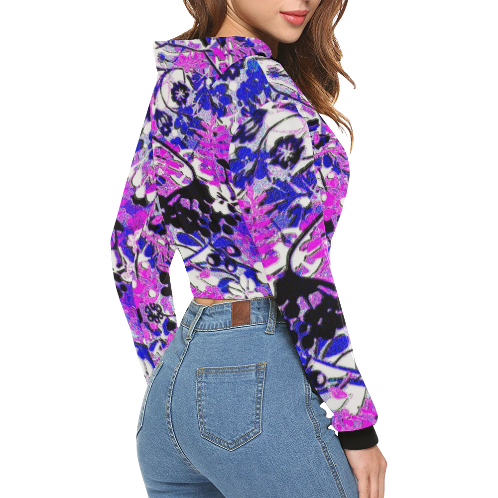 wacky retro floral abstract purple and blue All Over Print Crop Hoodie for Women (Model H22)