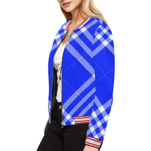 Blue and White Tartan Plaid All Over Print Bomber Jacket for Women (Model H21)